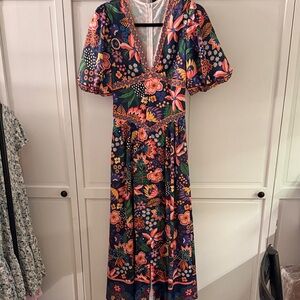 NWOT Endless Moon Resortwear Maxi Bright Print with Balloon Sleeves and Buttons